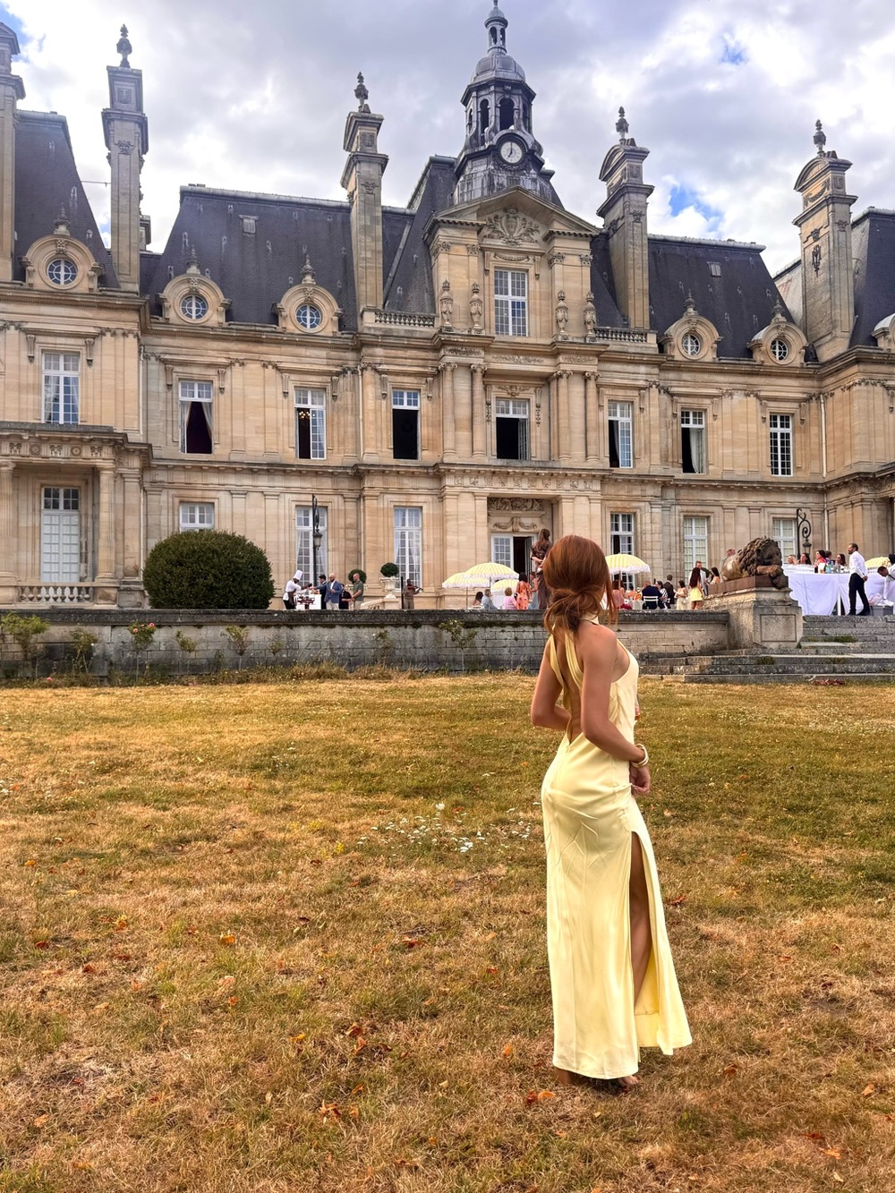 MESHKI Claire Satin Pale Yellow Backless Maxi Dress with Side Slit